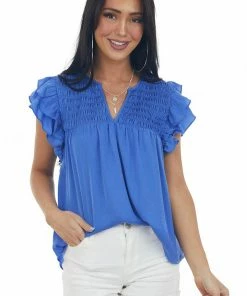 Glam Tops Sapphire Smocked Yoke Notch Neck Ruffle Blouse