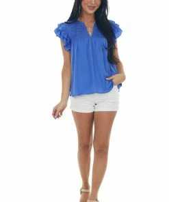 Glam Tops Sapphire Smocked Yoke Notch Neck Ruffle Blouse