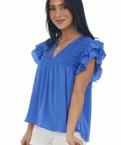Glam Tops Sapphire Smocked Yoke Notch Neck Ruffle Blouse