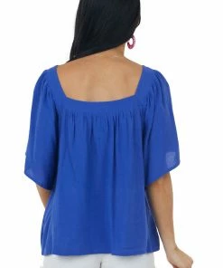 She + Sky Sapphire Square Neck Flutter Sleeve Woven Top