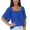 She + Sky Sapphire Square Neck Flutter Sleeve Woven Top