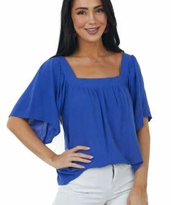 She + Sky Sapphire Square Neck Flutter Sleeve Woven Top