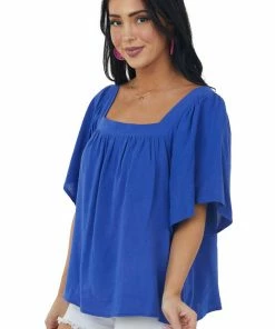 She + Sky Sapphire Square Neck Flutter Sleeve Woven Top
