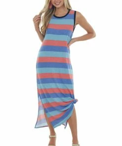 Vanilla Bay Sapphire Striped Midi Dress With Side Slits