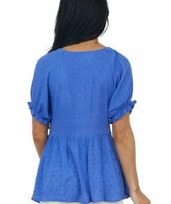 143 Story Sapphire Swiss Dot Smocked Babydoll Flowy Top Tops