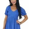 143 Story Sapphire Swiss Dot Smocked Babydoll Flowy Top Tops