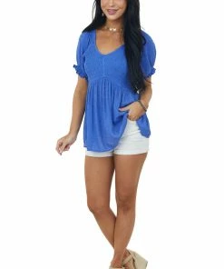 143 Story Sapphire Swiss Dot Smocked Babydoll Flowy Top Tops