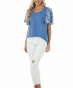 Haptics Sapphire Wide Ribbed Embroidered Sleeve Knit Top