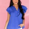 Glam Tops Sapphire Smocked Yoke Notch Neck Ruffle Blouse