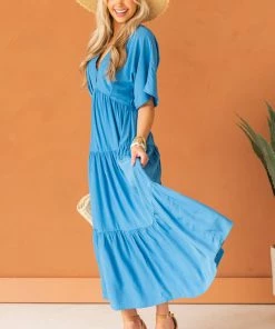 Entro Dresses Sapphire V Neck Tiered Woven Maxi Dress