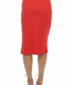 FSL APPAREL Scarlet Faux Wrap Solid Knit Elastic Midi Skirt Bottoms