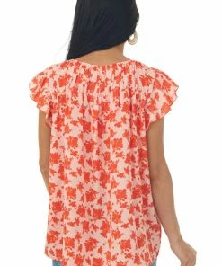 Hailey & Co Scarlet Floral Ruched Ruffle Yoke Blouse Tops