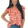 Hailey & Co Scarlet Floral Ruched Ruffle Yoke Blouse Tops