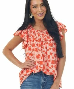 Hailey & Co Scarlet Floral Ruched Ruffle Yoke Blouse Tops