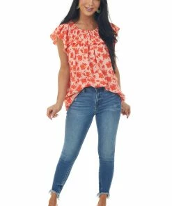 Hailey & Co Scarlet Floral Ruched Ruffle Yoke Blouse Tops