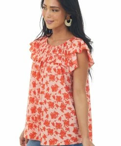 Hailey & Co Scarlet Floral Ruched Ruffle Yoke Blouse Tops