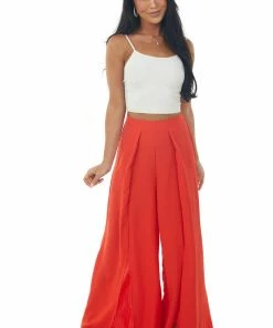 Ces Femme Scarlet Front Slit Wide Leg Pleated Pants Bottoms