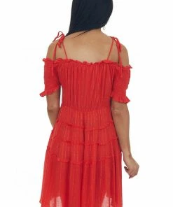 Umgee Scarlet Gold Threaded Cold Shoulder Tiered Dress Dresses