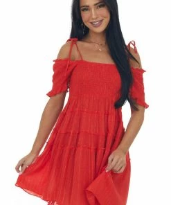 Umgee Scarlet Gold Threaded Cold Shoulder Tiered Dress Dresses