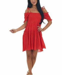 Umgee Scarlet Gold Threaded Cold Shoulder Tiered Dress Dresses