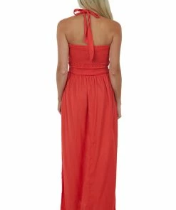 Vine & Love Scarlet Halter Tie Smocked Woven Maxi Dress