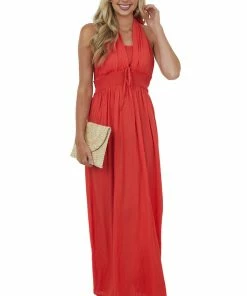 Vine & Love Scarlet Halter Tie Smocked Woven Maxi Dress