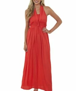 Vine & Love Scarlet Halter Tie Smocked Woven Maxi Dress