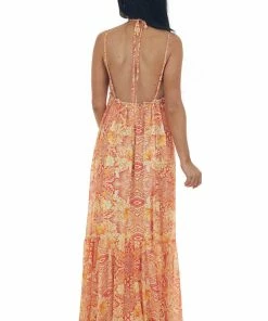 Flying Tomato Dresses Tangerine Printed Open Back Babydoll Maxi Dress