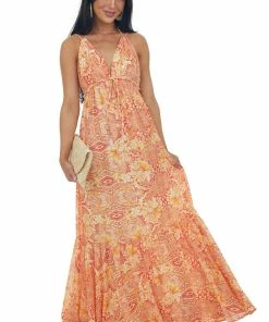 Flying Tomato Dresses Tangerine Printed Open Back Babydoll Maxi Dress