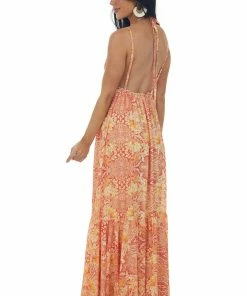 Flying Tomato Dresses Tangerine Printed Open Back Babydoll Maxi Dress