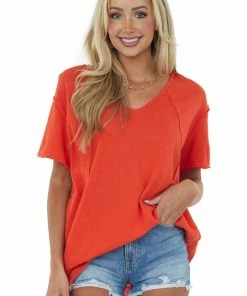 La Miel Scarlet Raw Edge Jersey Knit Pocket Tunic Top