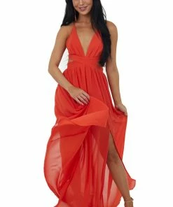 Miss Avenue Scarlet Sleeveless Maxi Dress With Waist Cutout Dresses