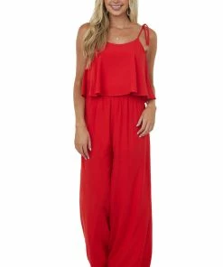 She + Sky Scarlet Sleeveless Shoulder Tie Woven Jumpsuit
