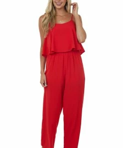 She + Sky Scarlet Sleeveless Shoulder Tie Woven Jumpsuit