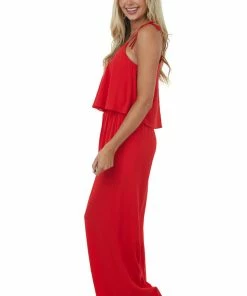 She + Sky Scarlet Sleeveless Shoulder Tie Woven Jumpsuit