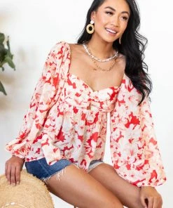 Flying Tomato Tops Scarlet And Cream Floral Long Puff Sleeve Top