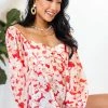 Flying Tomato Tops Scarlet And Cream Floral Long Puff Sleeve Top