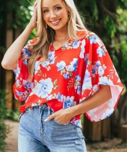 First Love Scarlet Floral Print Short Kimono Sleeve Top Tops