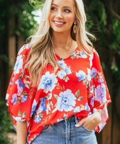 First Love Scarlet Floral Print Short Kimono Sleeve Top Tops