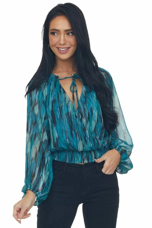 Peach Love Tops Sea Blue Abstract Print Metallic Thread Blouse