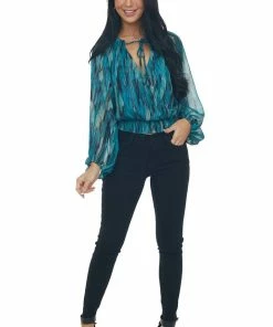 Peach Love Tops Sea Blue Abstract Print Metallic Thread Blouse