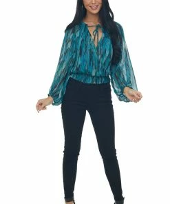 Peach Love Tops Sea Blue Abstract Print Metallic Thread Blouse