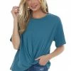 Listicle Tops Sea Blue Front Knot Drop Shoulder Knit Tee