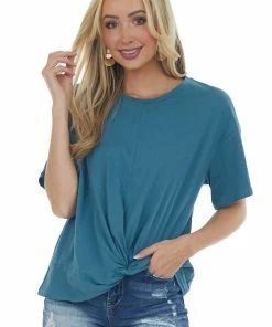 Listicle Tops Sea Blue Front Knot Drop Shoulder Knit Tee