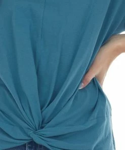 Listicle Tops Sea Blue Front Knot Drop Shoulder Knit Tee