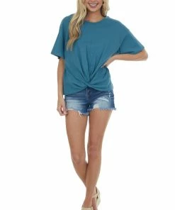 Listicle Tops Sea Blue Front Knot Drop Shoulder Knit Tee