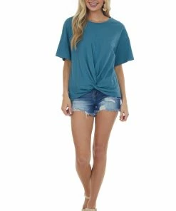 Listicle Tops Sea Blue Front Knot Drop Shoulder Knit Tee