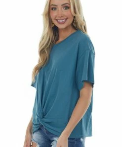 Listicle Tops Sea Blue Front Knot Drop Shoulder Knit Tee