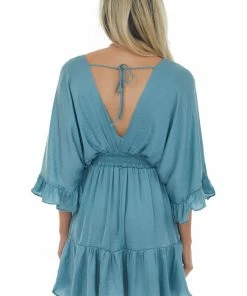 Glam Sea Blue Kimono Sleeve Ruffle Silky Mini Dress 16 Glam Sea Blue Kimono Sleeve Ruffle Silky Mini Dress