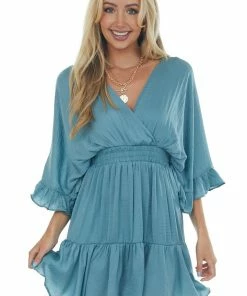 Glam Sea Blue Kimono Sleeve Ruffle Silky Mini Dress 12 Glam Sea Blue Kimono Sleeve Ruffle Silky Mini Dress